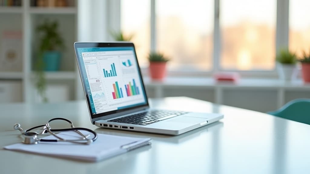 Clean desk with a laptop showing revenue charts and a stethoscope