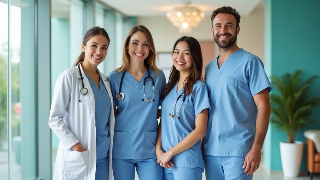 The ClaimRight team standing together in a bright modern medical office lobby