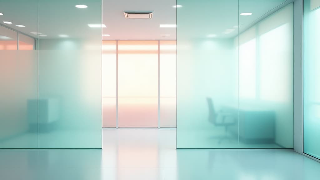 Frosted glass office with soft teal and coral light