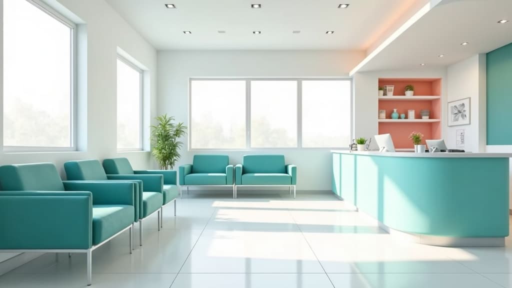 Modern cardiology practice waiting area with teal chairs and glass reception desk